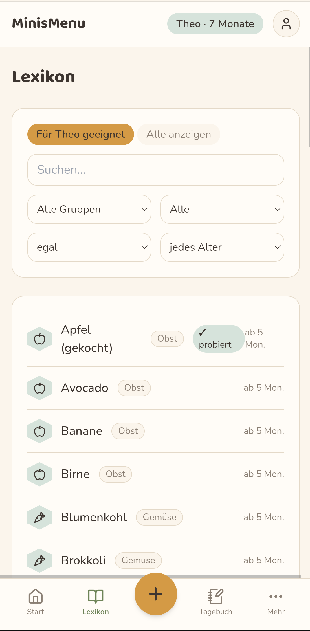 Lexikon-Ansicht mit Filtern und Lebensmittel-Liste