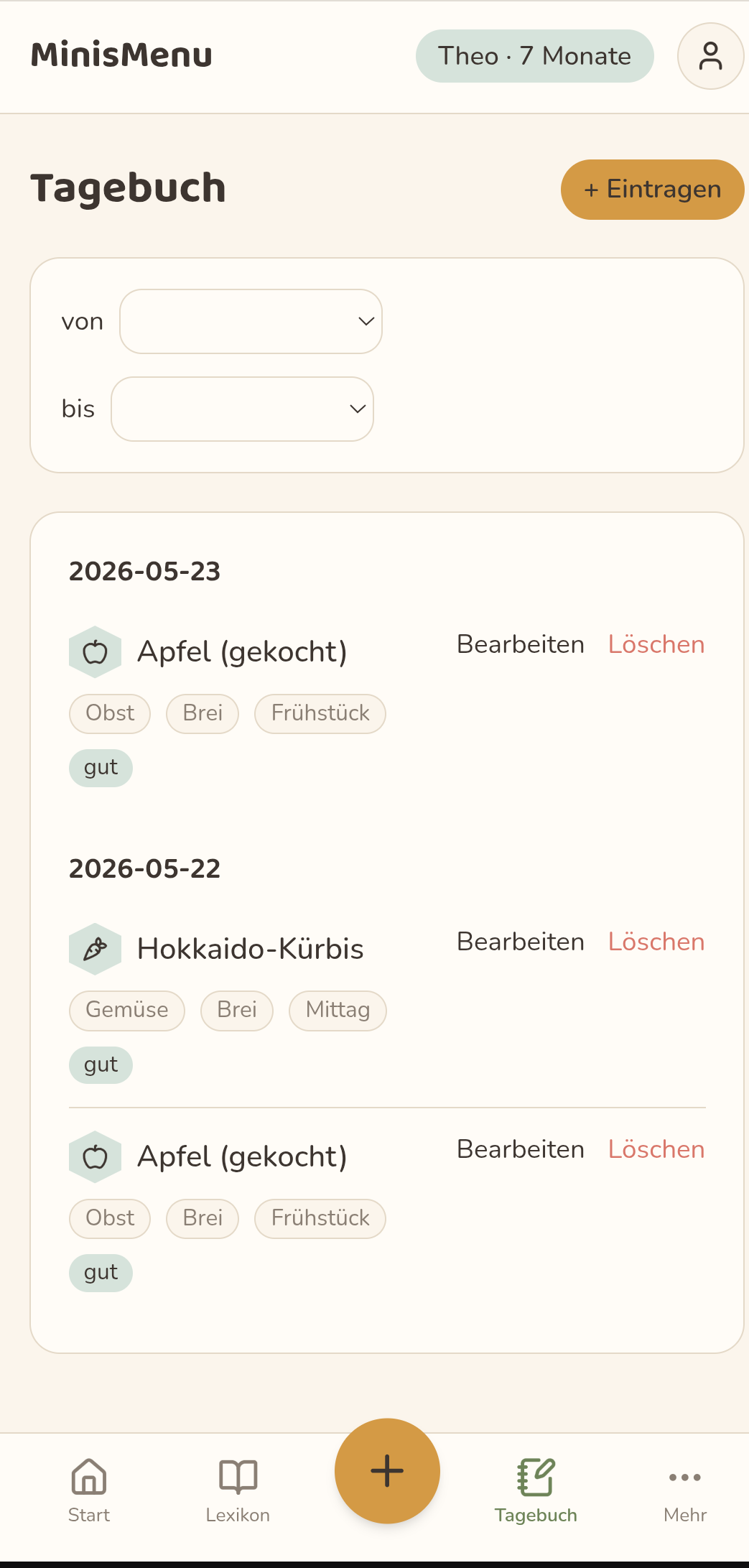 Tagebuch-Ansicht von MinisMenu mit eingetragenen Mahlzeiten